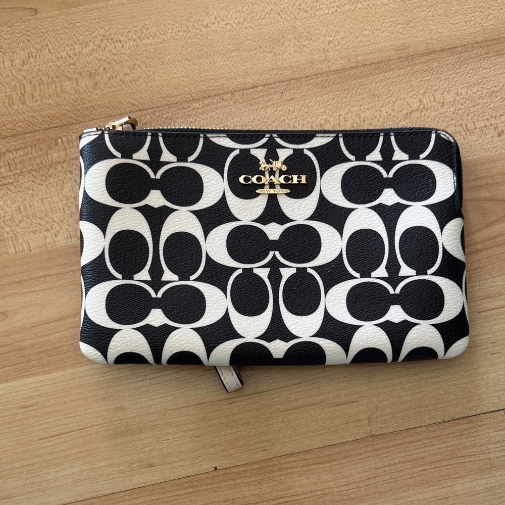 Coach Black & White Signature Zip Wristlet with Gold Logo